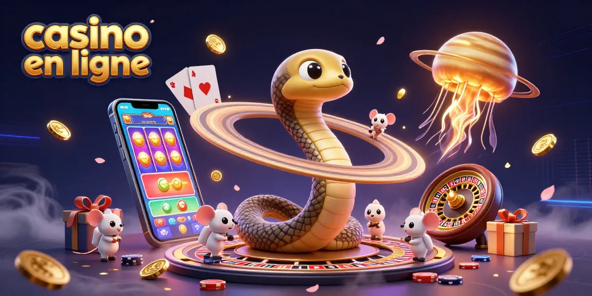 Casino en ligne : Une illustration dynamique avec un serpent et des astronautes en pleine action.