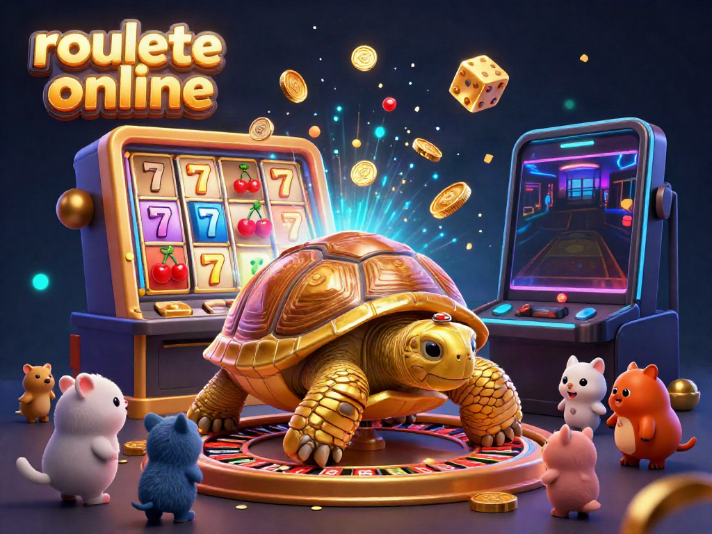 Spin the roulette online with a cartoon tortoise and jackpot symbols enticing gamblers in a festive scene.