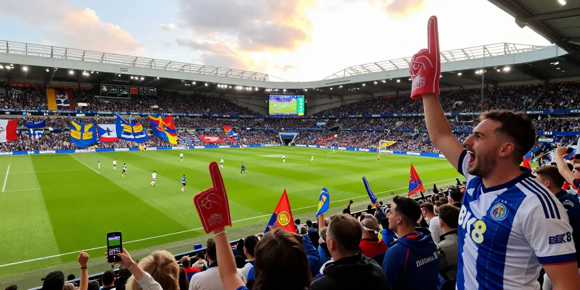 BK8 football fan cheering at Premier League match in a vibrant stadium atmosphere.