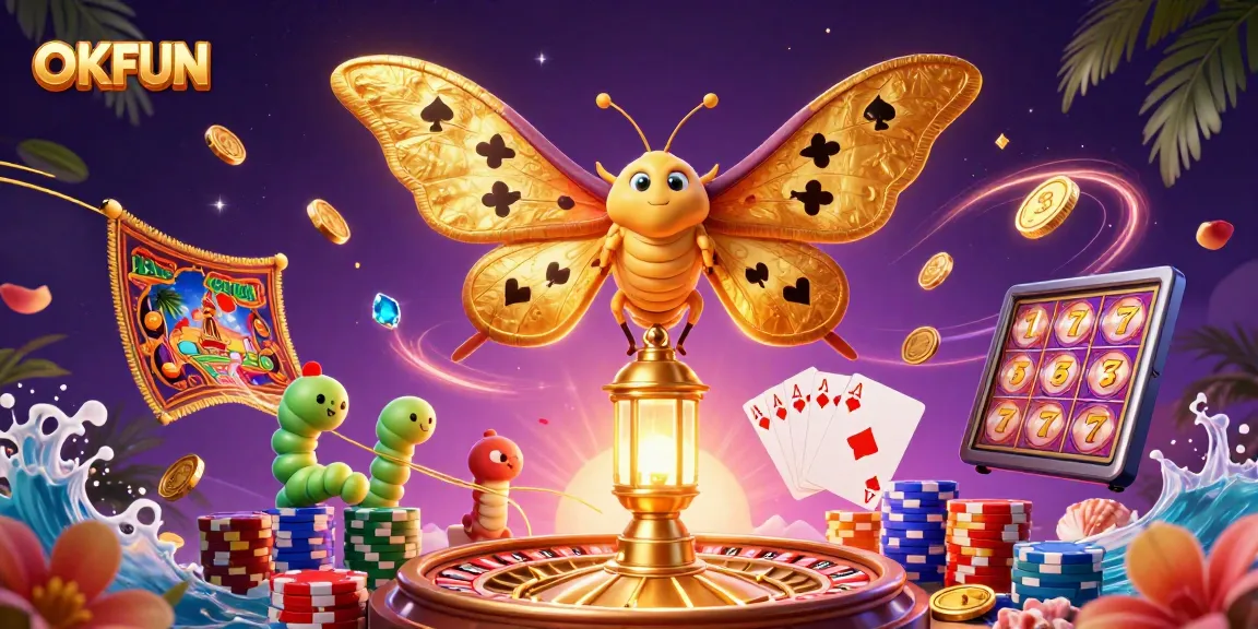 Engage with thrilling casino elements at OKFUN, where golden winnings await amidst vibrant game scenes.