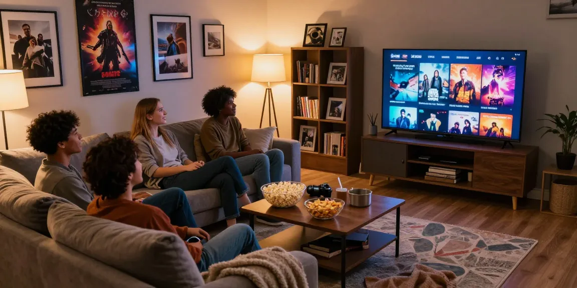 Friends enjoying a movie night at home, selecting films on https://www.bolly4uorg.in with snacks and cozy atmosphere.