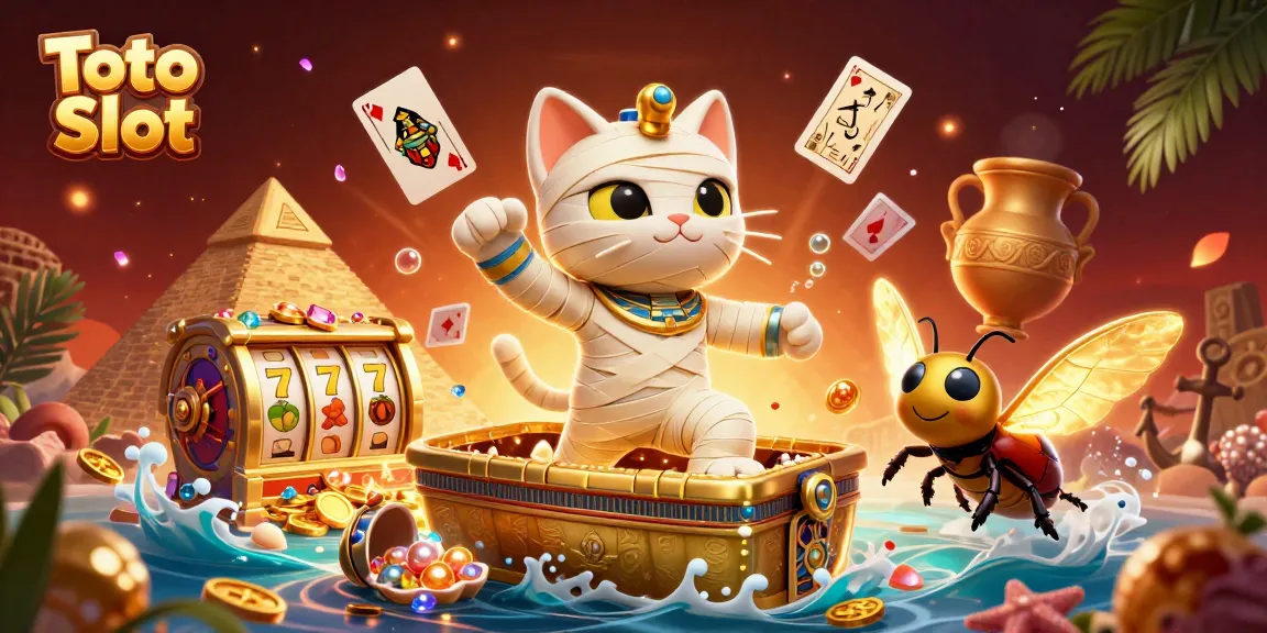 Toto Slot menampilkan kucing mummy dan scarab dalam kasino piramida yang menarik, dikelilingi oleh simbol slot dan harta karun.