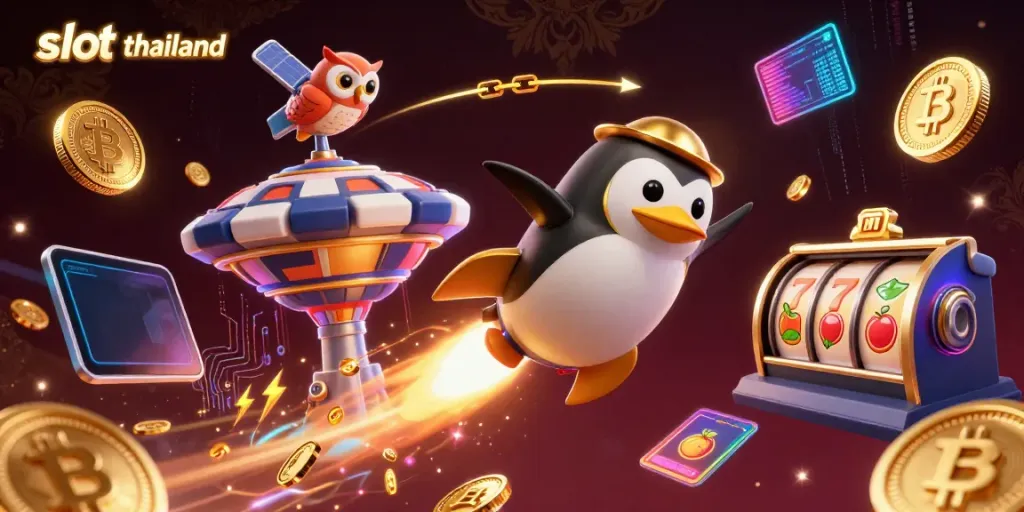 Experience thrilling slot thailand action with a penguin and a casino space station in an explosive animated scene.