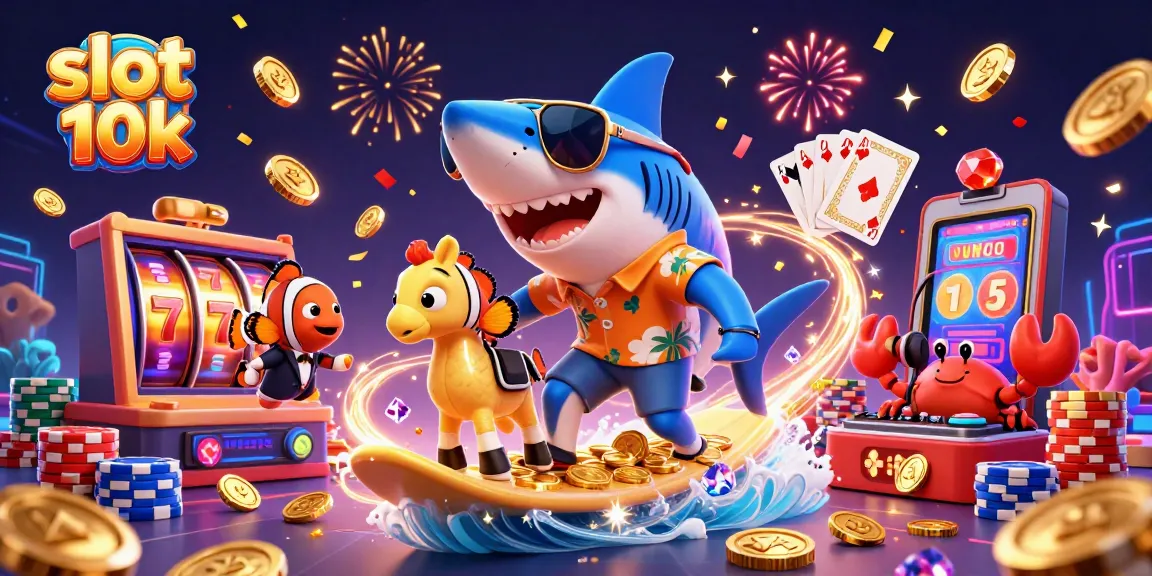 Experience thrilling spins in slot 10k as the cartoon shark surfs on a wave of gold coins.