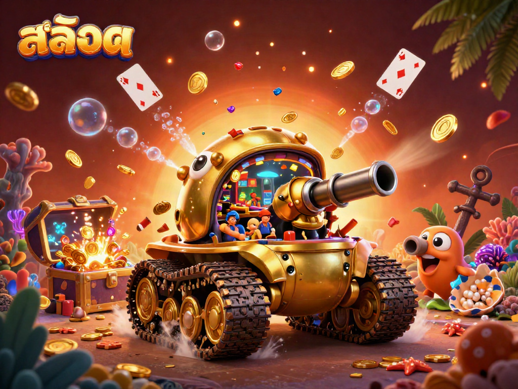 Enjoy สล็อต with a dynamic 3D casino scene featuring a golden beetle tank and colorful gems.