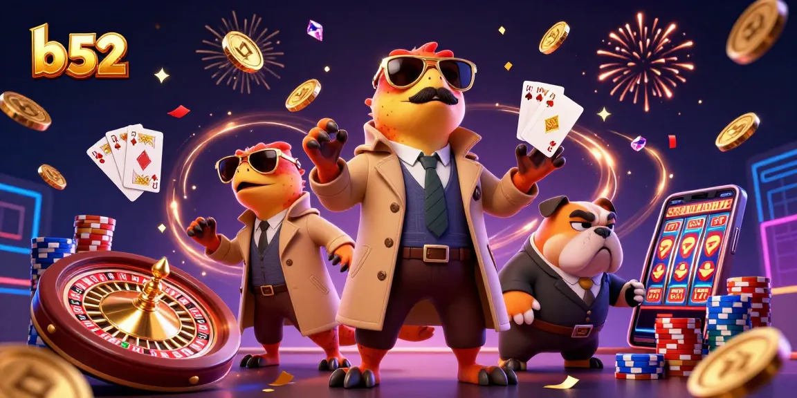 Experience the thrill of b 52 in this dynamic casino scene with playful raptors and vibrant elements.