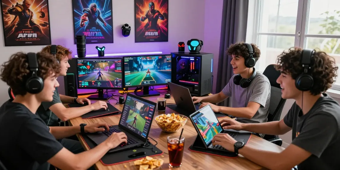 Gamer bermain WORTEL21 dengan laptop dan tablet di ruangan berwarna cerah, suasana penuh energi.