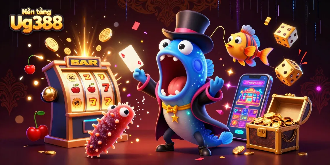 Nền tảng Ug388 showcases a lively casino scene with unique sea creatures performing magic tricks.