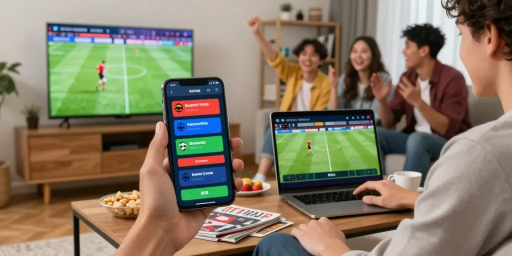 Pengguna aktif 7meter daftar taruhan di smartphone dan laptop sambil menikmati pertandingan sepak bola bersama teman-teman.