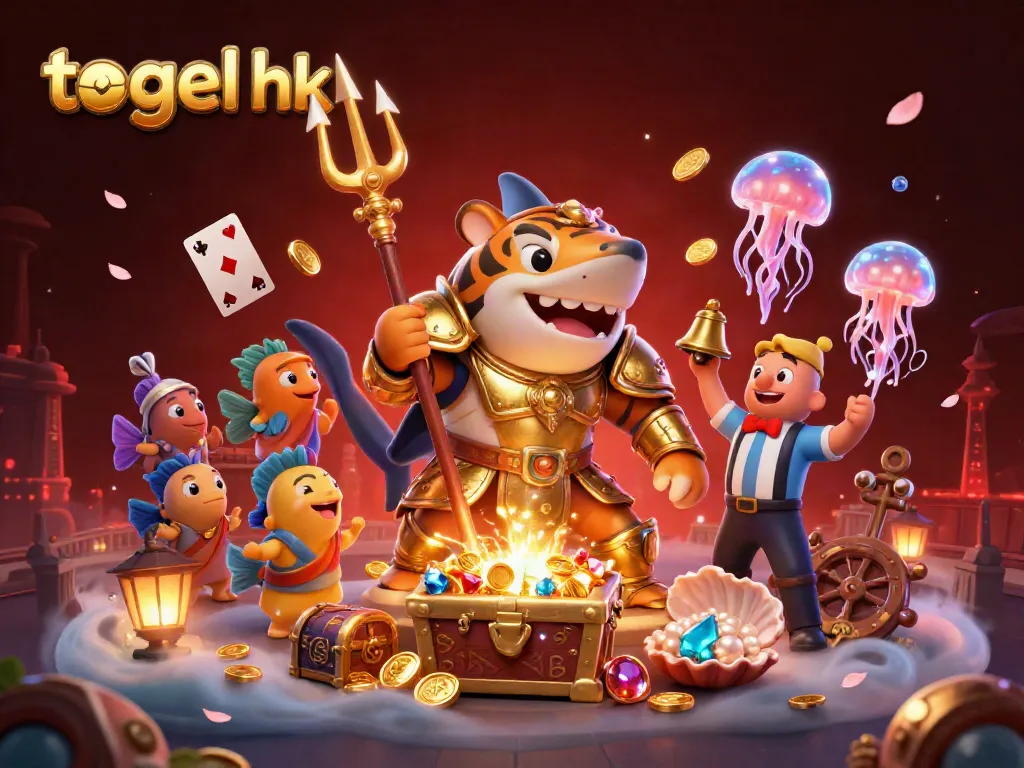 Menggunakan togel hk, ilustrasi 3D hi-res dari hiu macan bersenjata trident dengan suasana kasino bawah laut yang meriah.