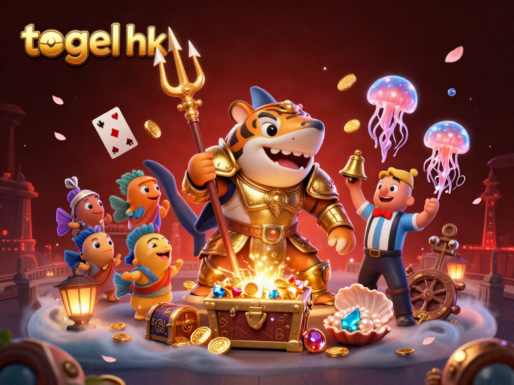 Menggunakan togel hk, ilustrasi 3D hi-res dari hiu macan bersenjata trident dengan suasana kasino bawah laut yang meriah.