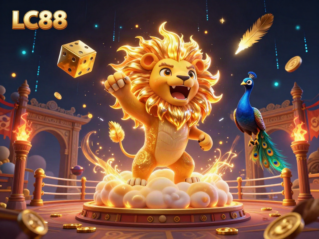 Engage with thrilling LC88 casino games in a vibrant, golden-themed immersive 3D illustration scene.
