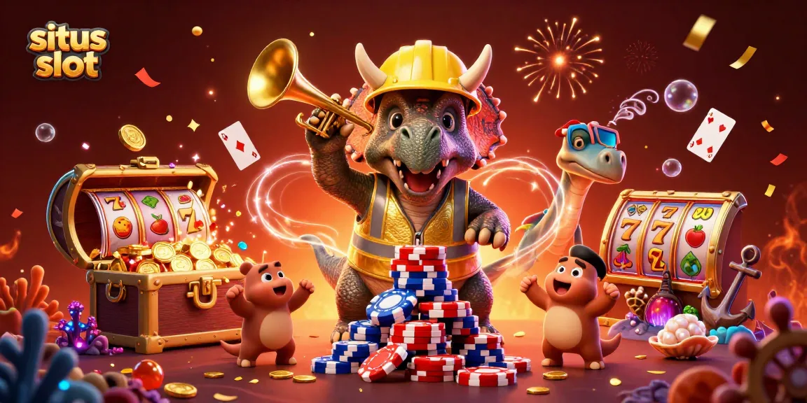 Engage in situs slot gaming action with a vibrant scene featuring dinosaurs and slot elements.