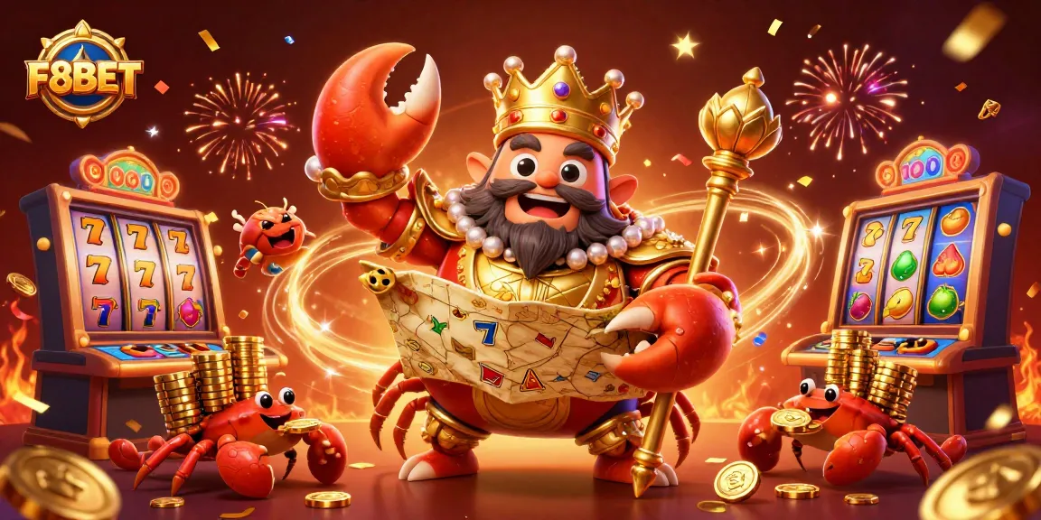 Join the excitement at F8BET, where a golden crab emperor leads a festive casino atmosphere filled with colorful slot machines and treasures.