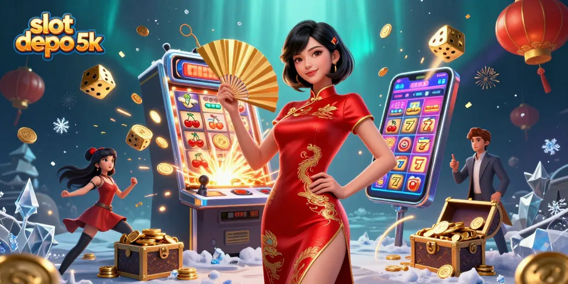 Spin to win on slot depo 5k with vibrant symbols and radiant characters in a dynamic casino scene.