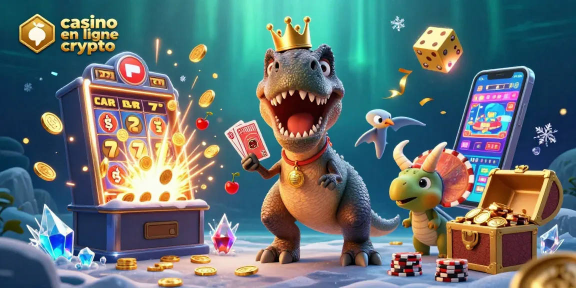 Plongez dans l'univers du casino en ligne crypto avec un T-Rex joueur, des cartes en main et des jetons d'or !