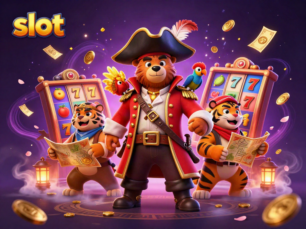 Spin to win on slots in this vibrant, energetic 3D casino scene featuring a pirate bear captain.