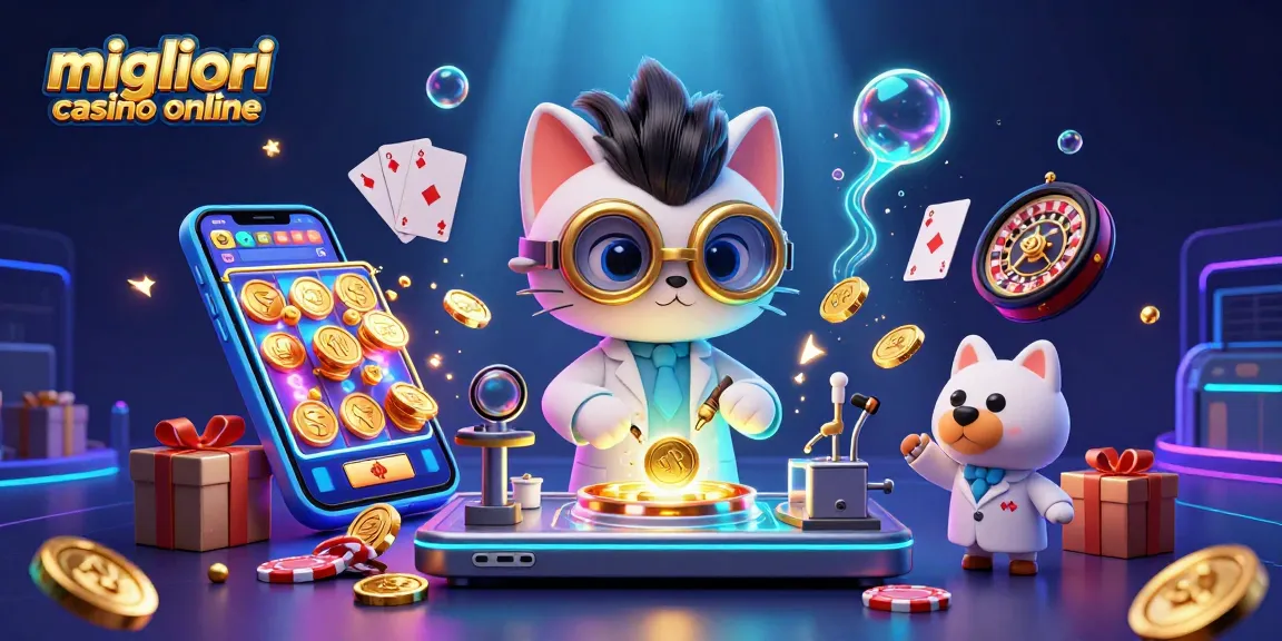 Migliori casino online: illustrazione di un gatto scienziato e un cane assistente nel laboratorio del gioco d'azzardo