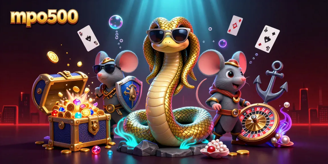 Experience mpo500 with a dynamic 3D illustration featuring Medusa and a mouse warrior in a casino environment.