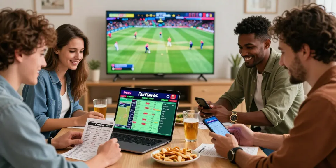 Friends enjoying a live cricket match while betting on Fairplay24, showcasing excitement and camaraderie.