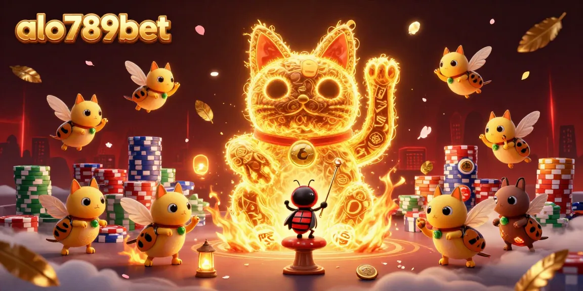 Experience thrilling cockfighting action at alo789bet, featuring a lucky cat amidst casino symbols.