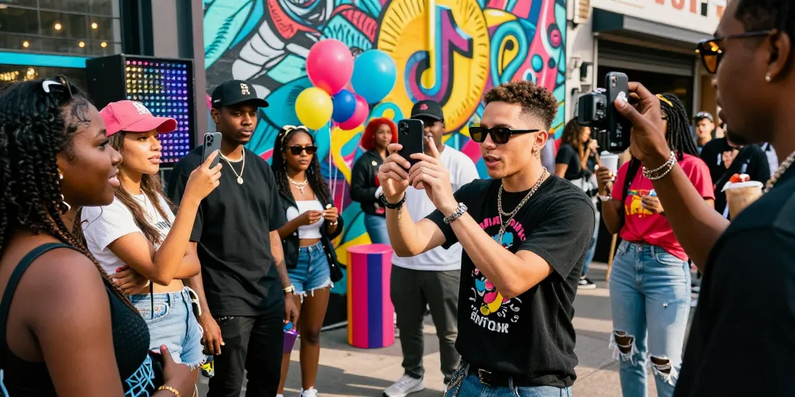 Engaging TikTok influencer filming video to buy TikTok views instantly in vibrant urban setting.