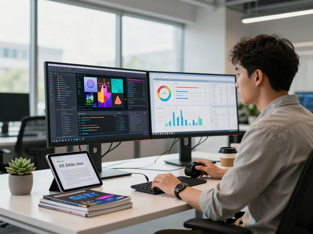 AI Image Detection tool in use by a data scientist at a modern tech workspace, showcasing algorithms and analytics.