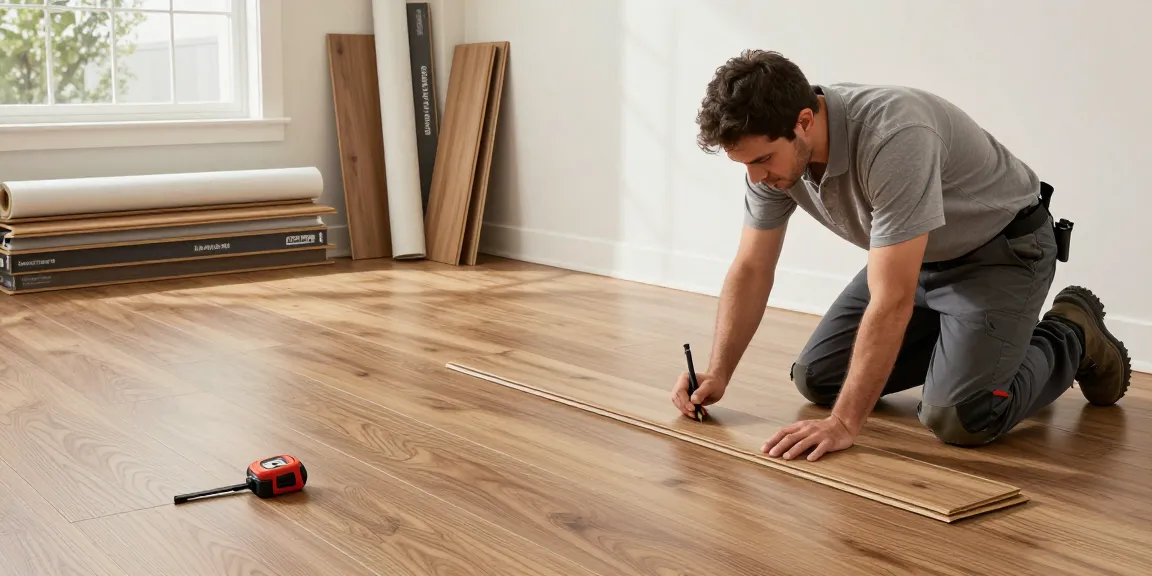 Installer using flooring software to measure and lay vinyl planks in a modern workspace