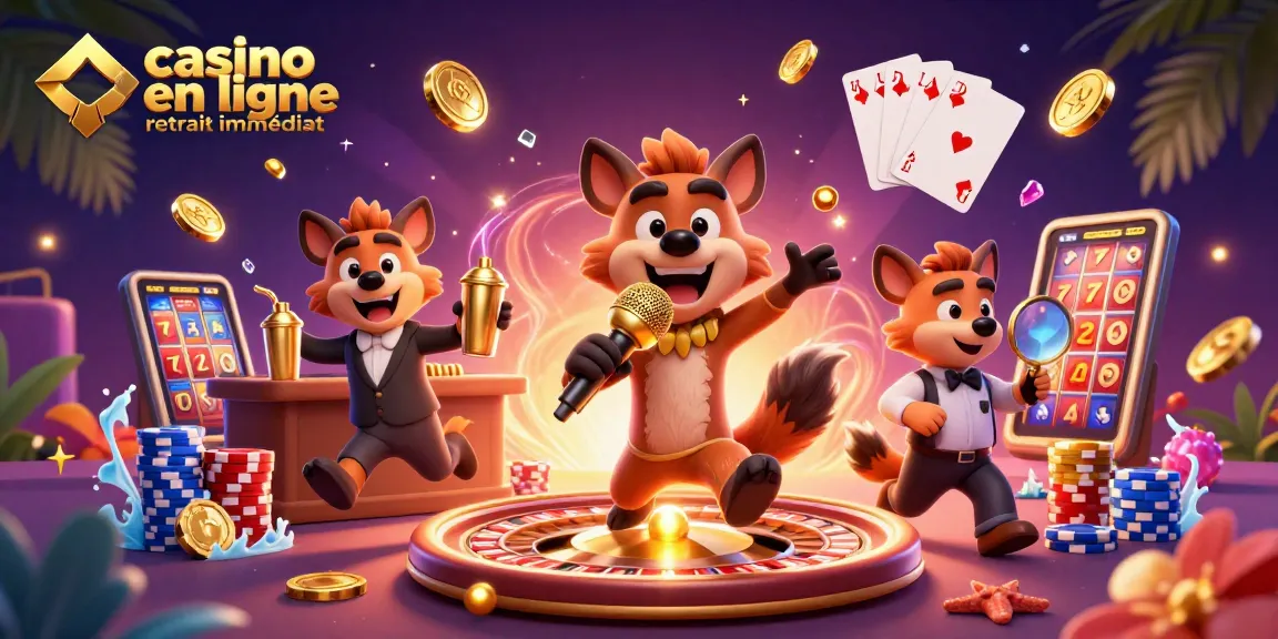 Casino en ligne retrait immédiat avec des hyènes animées, symboles de jeux et pièces d'or en action