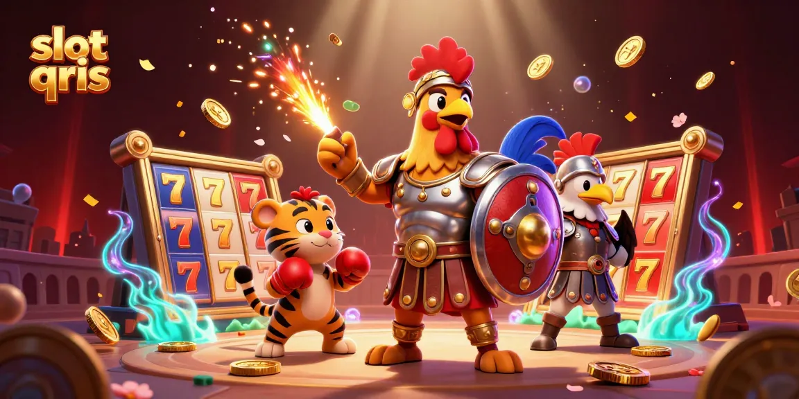 Spin the reels of slot qris with vibrant creatures and dynamic casino elements surrounding characters.