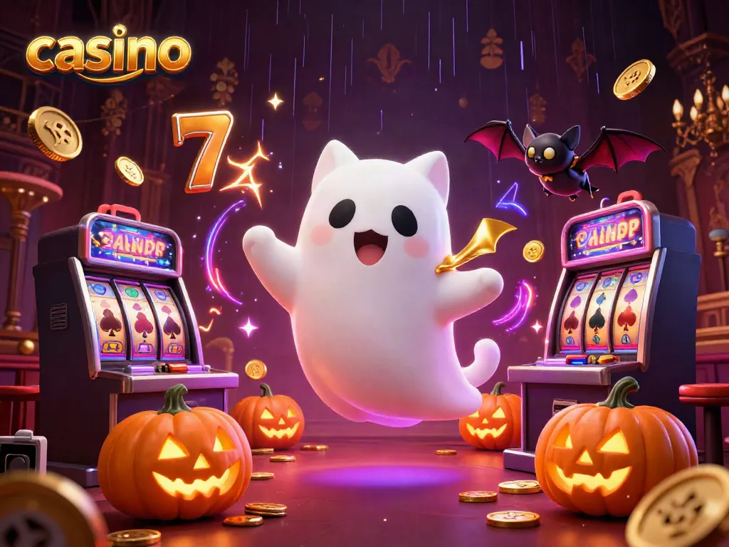 Experience thrilling casino adventures with slots and friendly characters in this vibrant illustration.