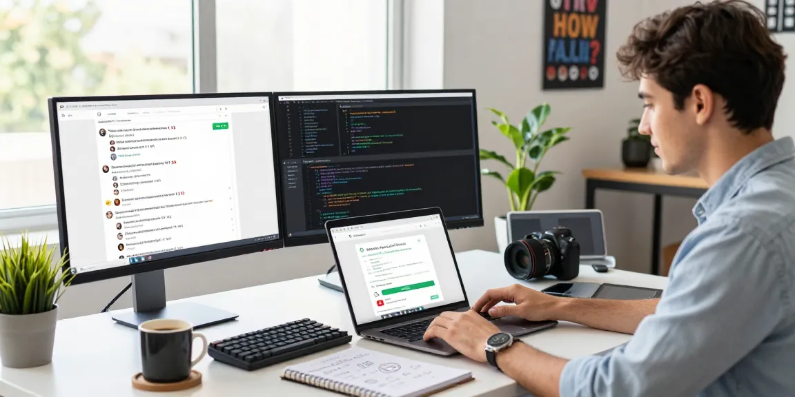 Professional accessing WhatsApp網頁版 on a laptop in a modern workspace.