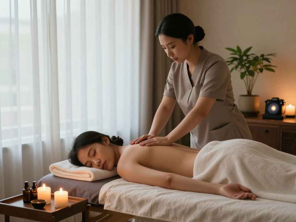 Experiencing a tranquil 출장안마 in a serene hotel setting with essential oils.