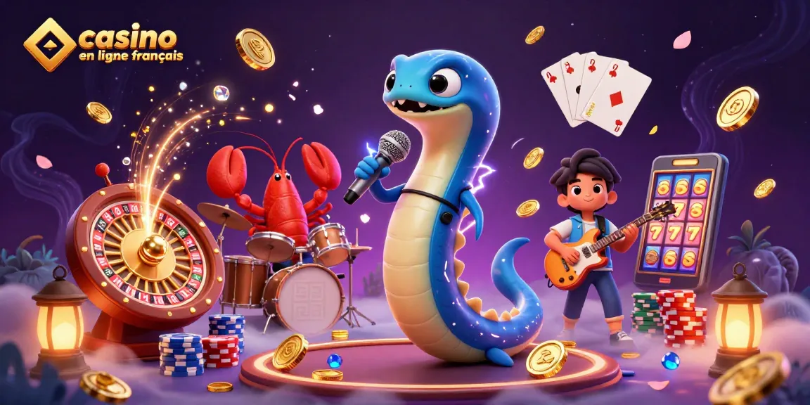 Illustration d'un casino en ligne français montrant une anguille DJ et un groupe sous-marin, avec des pièces dorées en cascade.