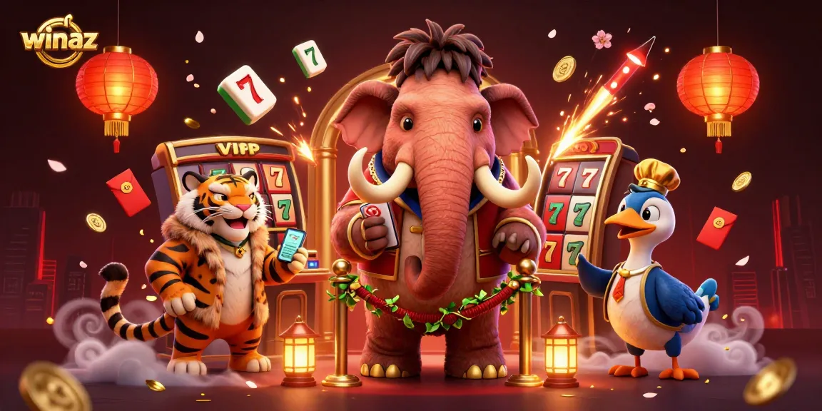 Experience the exclusive winaz casino entrance with a woolly mammoth bouncer, showcasing vibrant gaming elements.