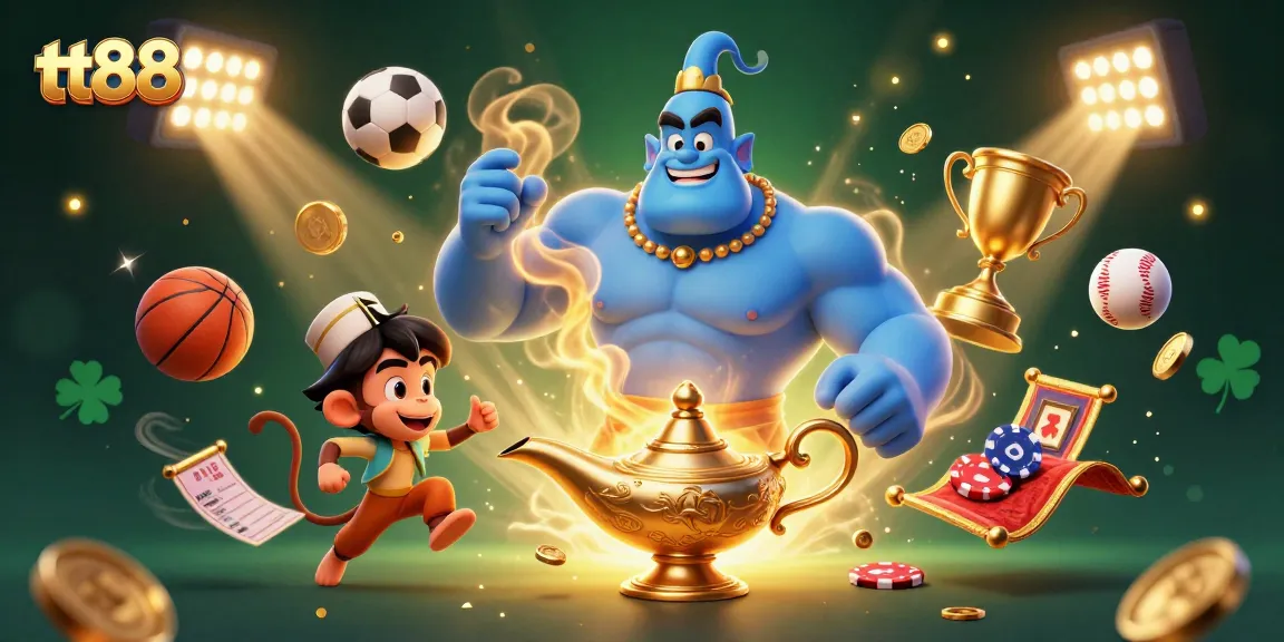 Experience winning thrills at tt88 with this vibrant casino scene featuring the magical genie and sports elements.