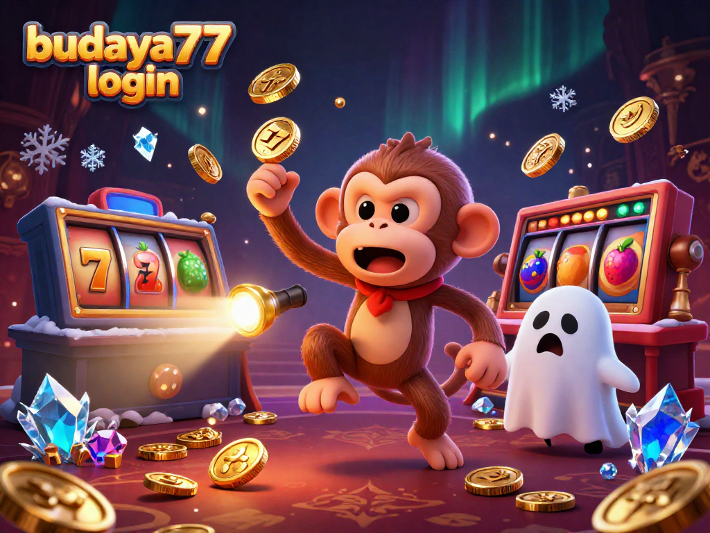 Budaya777 login diilustrasikan dengan karakter kasino yang penuh aksi dan kemewahan.