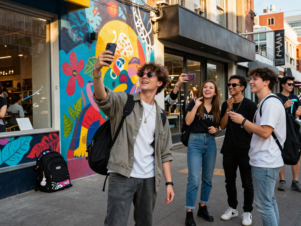 Casual street scene capturing a young person comparing their look to celebs i look like, amidst a vibrant urban backdrop.
