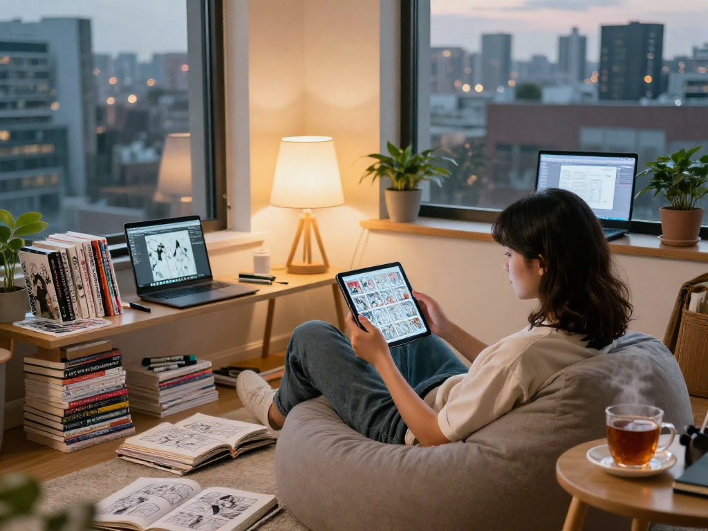 Engaged reader using https://hitomi-mangaraw01.com/ for colorful manga in a cozy urban apartment.