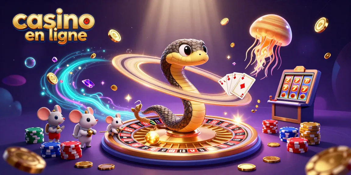 Casino en ligne avec un serpent enroulé autour de Saturne en tant que roulette, des astronautes misant sur des segments.
