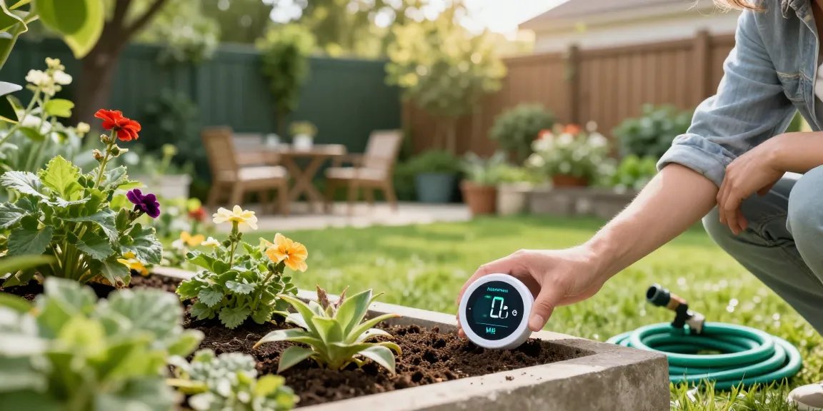 The RainPoint WiFi water timer helps monitor soil moisture levels in a vibrant garden setting.