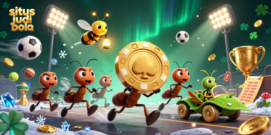 Bet on situs judi bola with a 3D cartoon scene of ants carrying a golden poker chip in a dynamic sports betting environment.