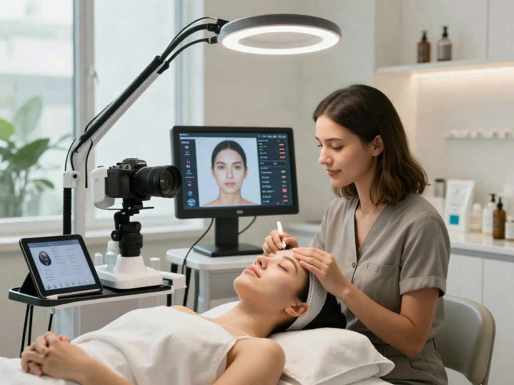 Facial analysis session showcasing ClinicEvo vs QOVES technology in a modern clinic environment.