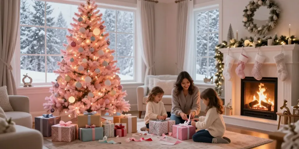 Vibrant pink Christmas tree in a cozy living room during the holidays