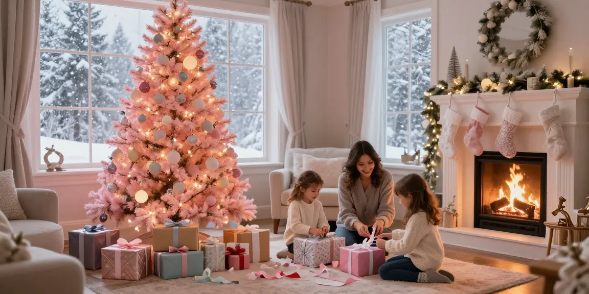 Vibrant pink Christmas tree in a cozy living room during the holidays