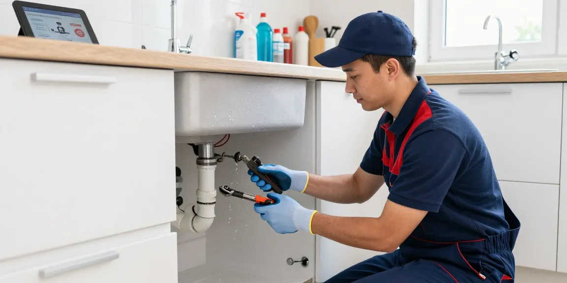 Northampton emergency plumber fixing a burst pipe under a kitchen sink, tools nearby, highlighting immediate professional support.
