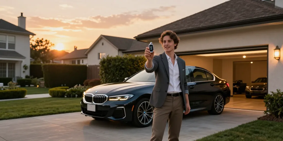 BMW key fob held by owner next to elegant BMW vehicle in beautiful sunset.
