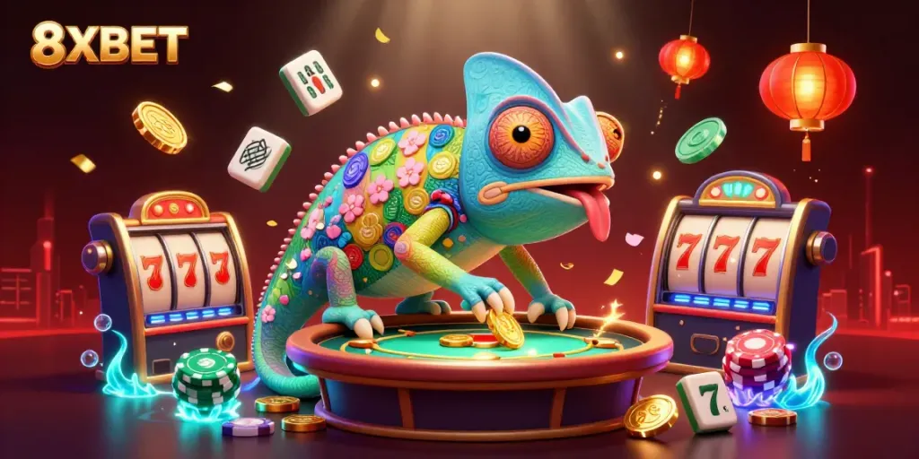 8XBET chameleon casino owner enthusiastically cashes in golden coins amid vibrant slot and gambling elements.