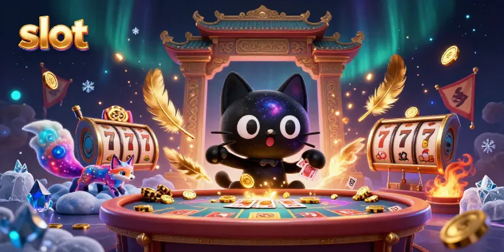 Experience energized gameplay with slots, featuring a cosmic cat and colorful fox in a vibrant casino scene.