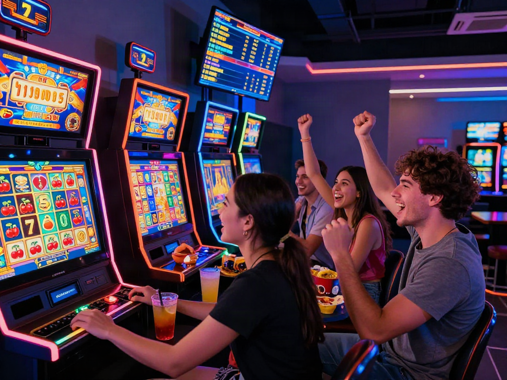 Pengalaman bermain slot777 dengan teman-teman di lounge permainan modern, penuh kegembiraan dan warna.
